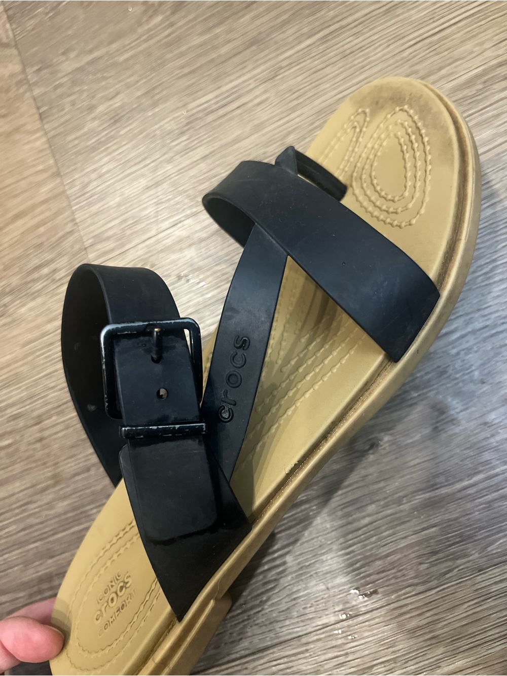 CROCS Black Strap Sandals with Tan Footbed